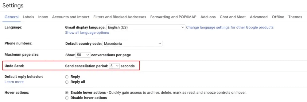 Unsend Email Settings